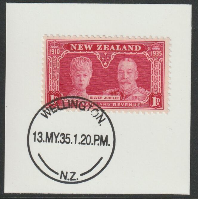 New Zealand 1935 Silver Jubilee 1d (SG574) on piece with full strike of Madame Joseph forged postmark type 286, stamps on , stamps on  stamps on , stamps on  stamps on  kg5 , stamps on  stamps on forgery, stamps on  stamps on silver jubilee