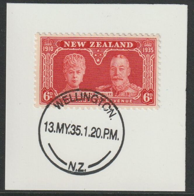 New Zealand 1935 Silver Jubilee 6d (SG575) on piece with full strike of Madame Joseph forged postmark type 286, stamps on , stamps on  kg5 , stamps on forgery, stamps on silver jubilee