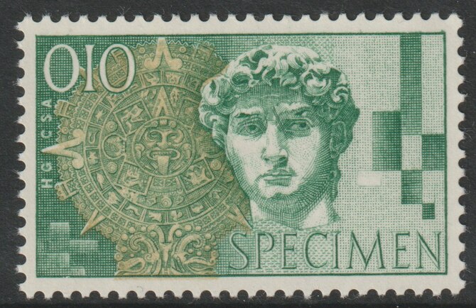 Cinderella  (Switzerland ?) dummy stamp in green & yellow showing Head of Michelangelo's David and inscribed SPECIMEN unmounted mint, stamps on cinderella, stamps on statues