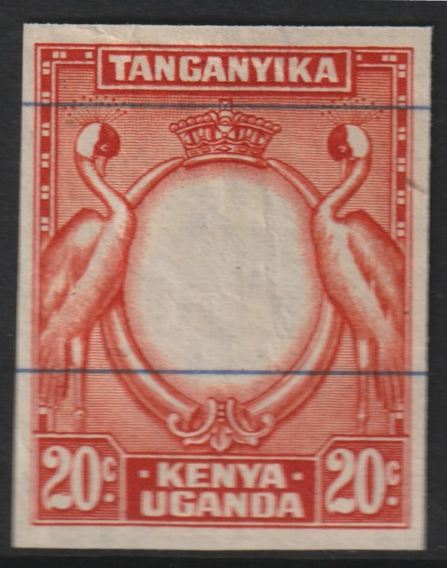 Kenya, Uganda & Tanganyika  1938-54 KG6 20c imperf working proof of frame only (Crane) on lined security paper without gum, stamps on birds, stamps on  kg6 , stamps on 