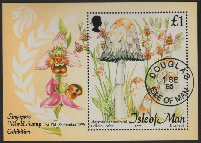 Isle of Man 1995 Fungi perf m/sheet cds used inscribed Singapore Stamp Exhibition, SG MS 667, stamps on fungi, stamps on stamp exhibitions