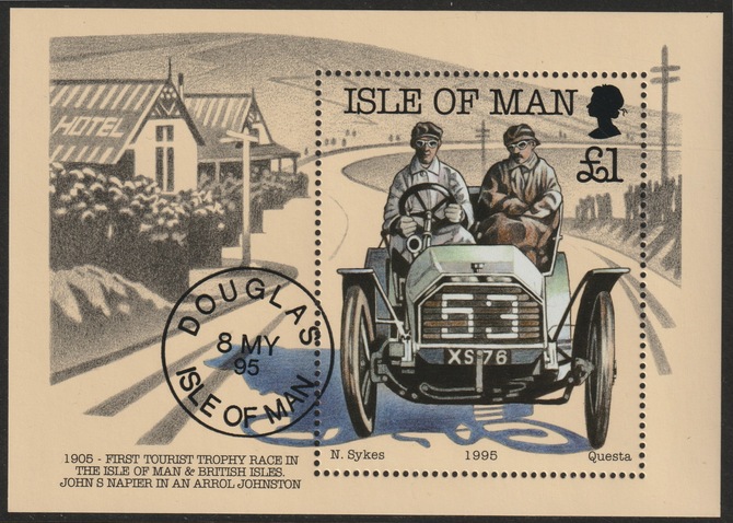 Isle of Man 1995 90th Anniversary of Motor Racing on Isle of Man m/sheet cds used, SG MS655, stamps on cars, stamps on 