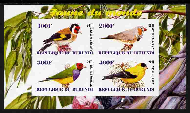 Burundi 2011 Fauna of the World - Birds - Finches imperf sheetlet containing 4 values unmounted mint, stamps on , stamps on  stamps on birds, stamps on  stamps on finches