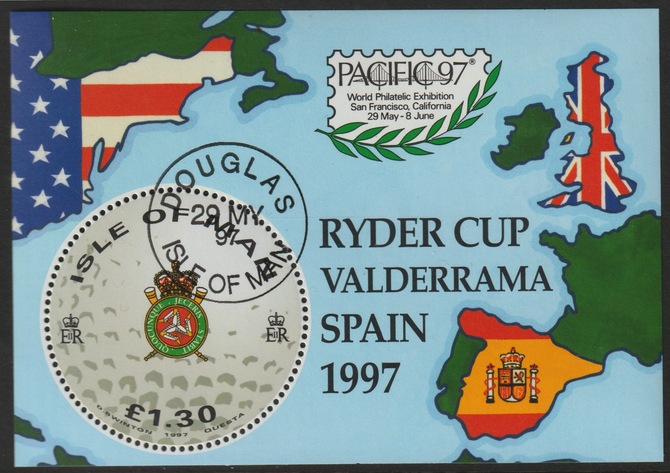 Isle of Man 1997 Golf m/sheet with 'Pacific 97' Internatiional Stamp Exhibition logo, fine cds used SG MS759, stamps on sports, stamps on golf, stamps on stamp exhibitions