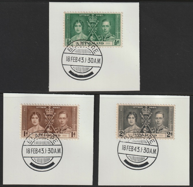 Nyasaland 1937 KG6 Coronation set of 3 each on individual piece cancelled with full strike of Madame Joseph forged postmark type 319, stamps on coronation, stamps on  kg6 , stamps on forgeries