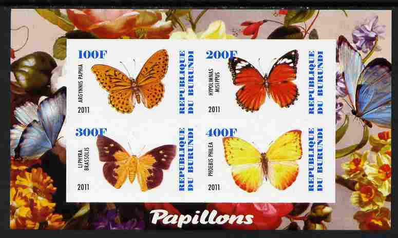 Burundi 2011 Fauna of the World - Butterflies #3 imperf sheetlet containing 4 values unmounted mint, stamps on , stamps on  stamps on butterflies