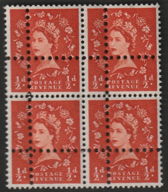 Great Britain 1958-65 Wilding 1/2d Multiple Crowns ordinary unmounted mint block of 4 with perforations doubled (stamps are quartered) interesting forgery, stamps on forgery