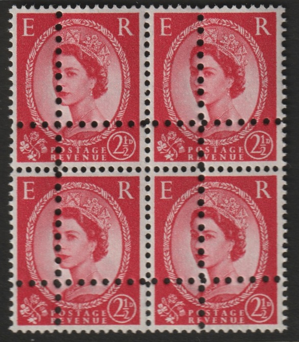 Great Britain 1958-65 Wilding 2.5d Multiple Crowns ordinary unmounted mint block of 4 with perforations doubled (stamps are quartered) interesting forgery, stamps on forgery