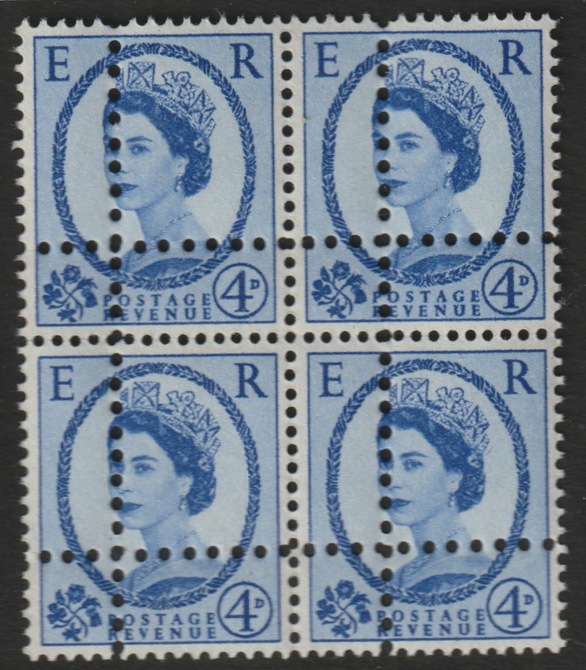 Great Britain 1958-65 Wilding 4d Multiple Crowns ordinary unmounted mint block of 4 with perforations doubled (stamps are quartered) interesting forgery, stamps on forgery