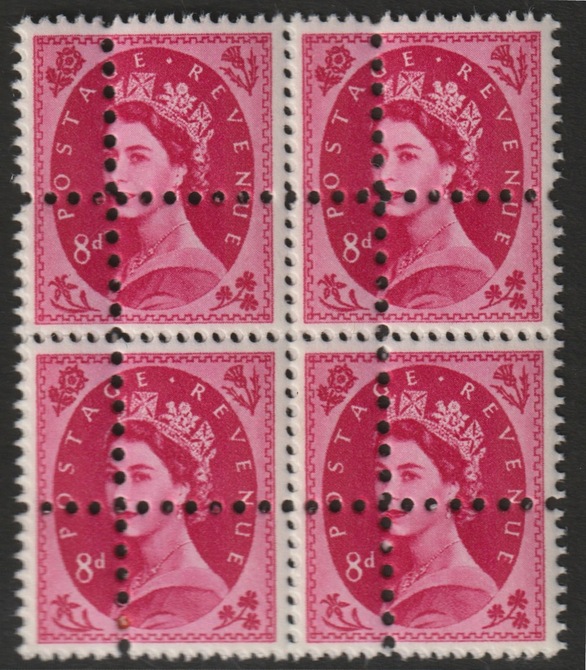 Great Britain 1960-675 Wilding 8d Multiple Crowns phosphor unmounted mint block of 4 with perforations doubled (stamps are quartered) interesting forgery, stamps on forgery