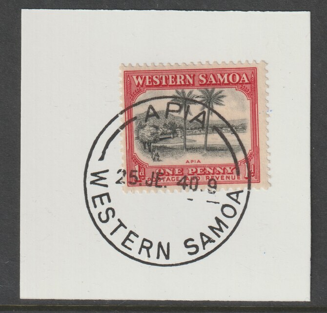 Samoa 1935 Apia 1d black & carmine on piece cancelled with full strike of Madame Joseph forged postmark type 376, stamps on , stamps on  kg5 , stamps on forgeries, stamps on 