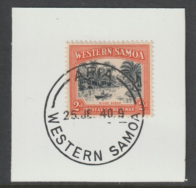 Samoa 1935 River Scene 2d black & orange on piece cancelled with full strike of Madame Joseph forged postmark type 376, stamps on , stamps on  kg5 , stamps on forgeries, stamps on 