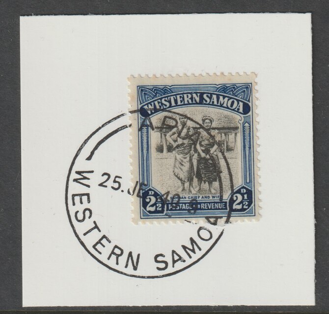 Samoa 1935 Chief and Wife 2.5d black & blue on piece cancelled with full strike of Madame Joseph forged postmark type 376, stamps on , stamps on  stamps on , stamps on  stamps on  kg5 , stamps on  stamps on forgeries, stamps on  stamps on  