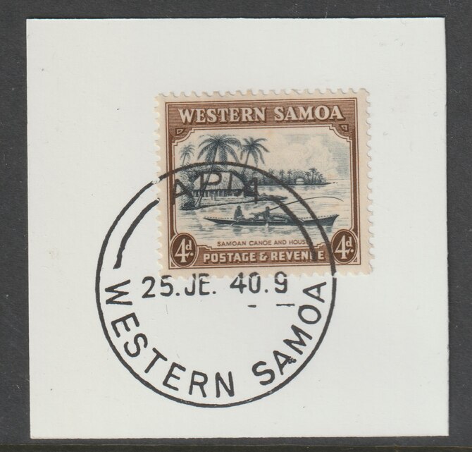 Samoa 1935 Canoe & House 4d slate & sepia on piece cancelled with full strike of Madame Joseph forged postmark type 376, stamps on , stamps on  kg5 , stamps on forgeries, stamps on  