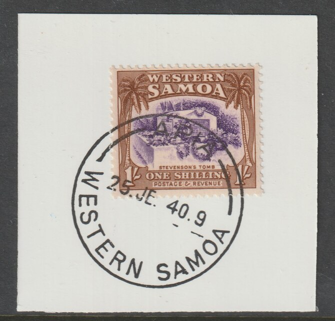 Samoa 1935 R L Stevenson's Tomb 1s violet & brown on piece cancelled with full strike of Madame Joseph forged postmark type 376, stamps on , stamps on  stamps on , stamps on  stamps on  kg5 , stamps on  stamps on forgeries, stamps on  stamps on  literature