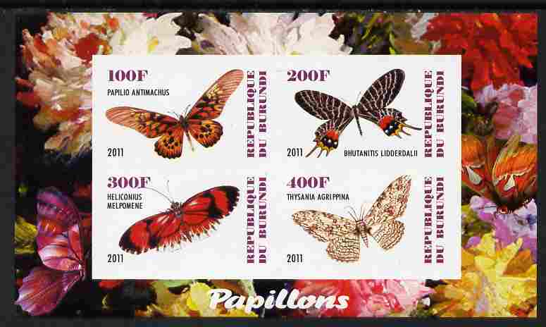 Burundi 2011 Fauna of the World - Butterflies #5 imperf sheetlet containing 4 values unmounted mint, stamps on , stamps on  stamps on butterflies