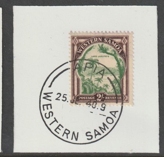 Samoa 1935 Lake Lanuto'o 2s green & purple-brown on piece cancelled with full strike of Madame Joseph forged postmark type 376, stamps on , stamps on  stamps on , stamps on  stamps on  kg5 , stamps on  stamps on forgeries, stamps on  stamps on  lakes