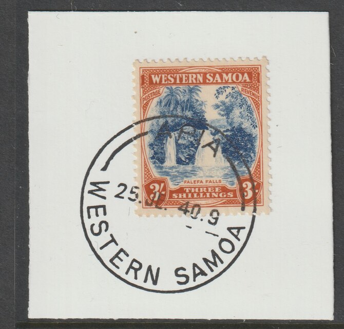 Samoa 1935 Falefa Falls 3s blue & brown-orange on piece cancelled with full strike of Madame Joseph forged postmark type 376, stamps on , stamps on  kg5 , stamps on forgeries, stamps on  waterfalls