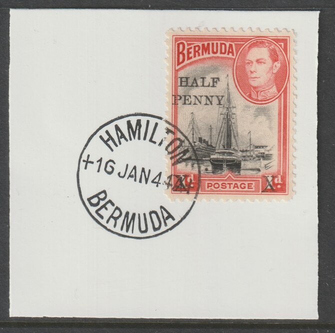 Bermuda 1940 Surcharged 1/2d onl 1d black & scarlet on piece cancelled with full strike of Madame Joseph forged postmark type 64, stamps on , stamps on  kg5 , stamps on forgeries, stamps on ships