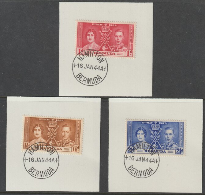 Bermuda 1937 KG6 Coronation set of 3 each on individual piece cancelled with full strike of Madame Joseph forged postmark type 64, stamps on , stamps on  kg5 , stamps on forgeries, stamps on coronation