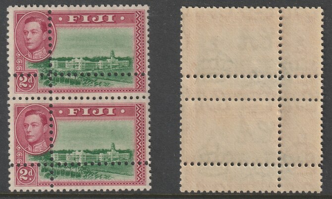 Fiji 1942 KG6 2d green & magenta (SG255) vertical pair with forged doubled perfs (stamps are quartered) unmounted mint. Note: the stamps are genuine but the additional perfs are a slightly different gauge identifying it to be a forgery., stamps on , stamps on  stamps on , stamps on  stamps on  kg6 , stamps on  stamps on forgeries