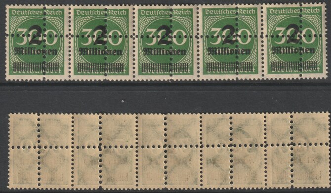 Germany 1923 Surcharged 2M on 300m green (SG303) horizontal strip of 5 with forged doubled perfs (stamps are quartered) unmounted mint. Note: the stamps are genuine but the additional perfs are a slightly different gauge identifying it to be a forgery., stamps on , stamps on  stamps on , stamps on  stamps on forgeries