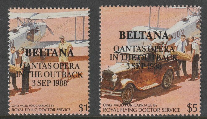 Cinderella - Australia 1988 Royal Flyinng Doctor Service set of 2 ($1 & $5) each overprinted QUANTAS OPERA in the Outback 3 Sep 1988, unmounted mint, stamps on medical, stamps on doctors, stamps on aviation, stamps on ambulances, stamps on opera