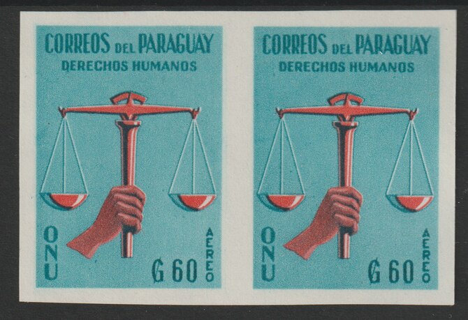 Paraguay 1960 Human Rights 60g imperf pair superb unmounted mint, as SG884, stamps on human rights, stamps on united nations, stamps on  un , stamps on justice