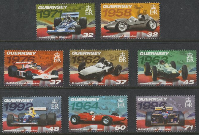 Guernsey 2007 British F1 champions #1 perf set of 8 unmounted mint, SG 1165-72, stamps on cars, stamps on  f1 , stamps on formula 1, stamps on sport