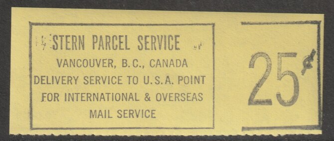 Cinderella - Canada 1968  Stern Packet Service  25c label in yellow for use during the 1968 Canadian Postal Workers Strike, stamps on strike, stamps on cinderella