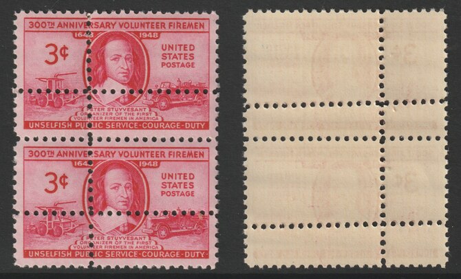 United States 1948 Volunteer Firemen 3c vertical pair with perforations doubled (stamps are quartered) an attractive and interesting modern forgery, unmounted mint. Note: the stamps are genuine but the additional perfs are a slightly different gauge identifying it to be a forgery., stamps on forgery, stamps on fire