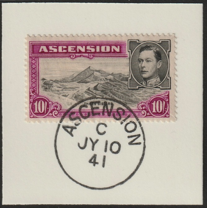 Ascension 1938 KG6 Pictorial 10s black & bright-purple on piece with full strike of Madame Joseph forged postmark type 26, stamps on , stamps on  kg6 , stamps on forgery, stamps on forgeries