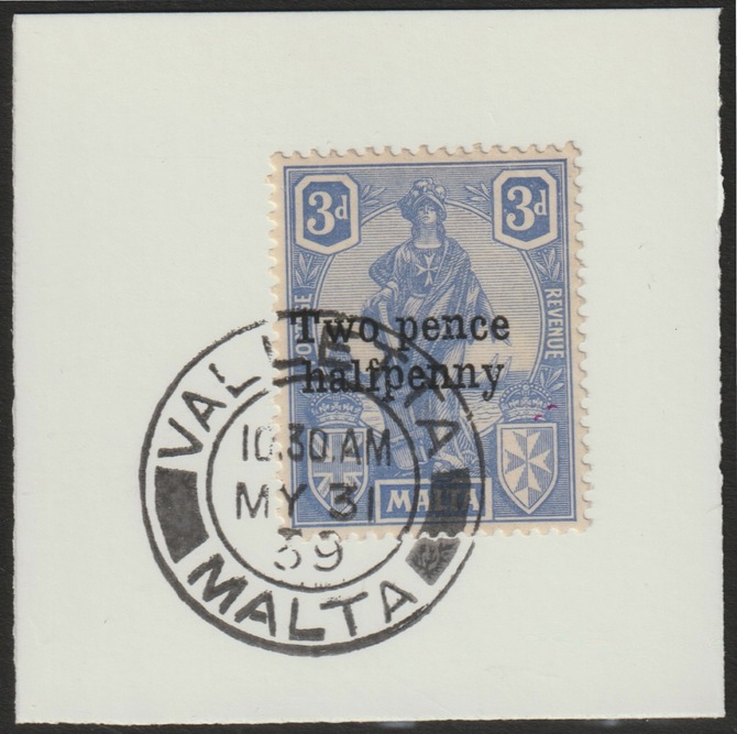 Malta 1925 Surcharged 2.5d on 3d  blued on piece with full strike of Madame Joseph forged postmark type 248, stamps on , stamps on  stamps on , stamps on  stamps on forgery, stamps on  stamps on forgeries, stamps on  stamps on  kg5 , stamps on  stamps on 