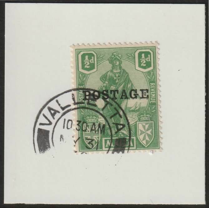 Malta 1926 POSTAGE overprint on 1/2d on piece with full strike of Madame Joseph forged postmark type 248, stamps on , stamps on  stamps on , stamps on  stamps on forgery, stamps on  stamps on forgeries, stamps on  stamps on  kg5 , stamps on  stamps on 