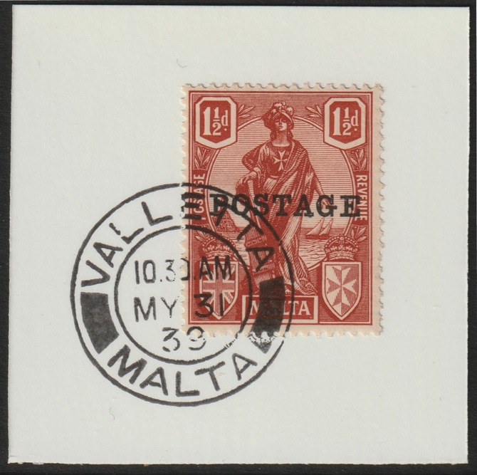 Malta 1926 POSTAGE overprint on 1.5d on piece with full strike of Madame Joseph forged postmark type 248, stamps on , stamps on  stamps on , stamps on  stamps on forgery, stamps on  stamps on forgeries, stamps on  stamps on  kg5 , stamps on  stamps on 