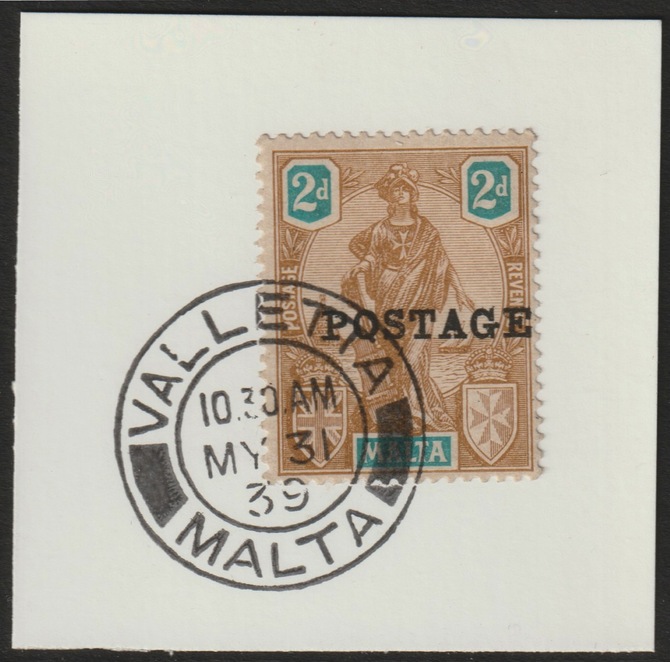 Malta 1926 POSTAGE overprint on 2d on piece with full strike of Madame Joseph forged postmark type 248, stamps on , stamps on  stamps on , stamps on  stamps on forgery, stamps on  stamps on forgeries, stamps on  stamps on  kg5 , stamps on  stamps on 
