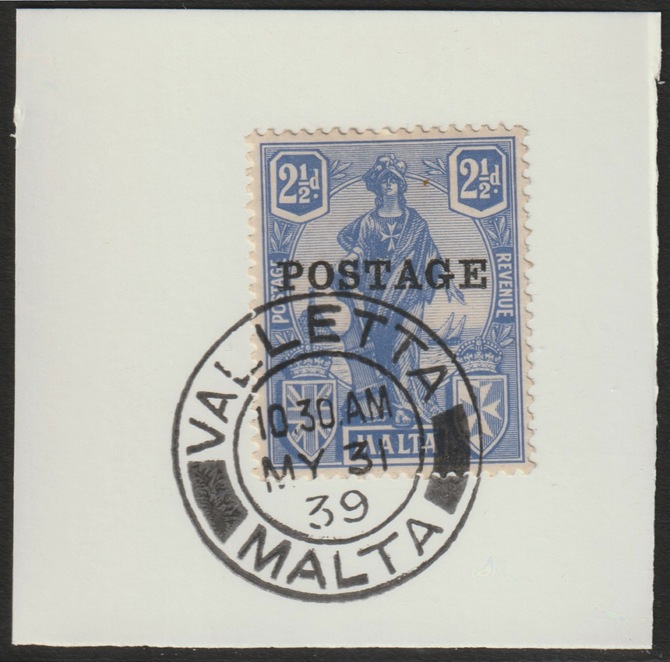 Malta 1926 POSTAGE overprint on 2.5d on piece with full strike of Madame Joseph forged postmark type 248, stamps on , stamps on  stamps on , stamps on  stamps on forgery, stamps on  stamps on forgeries, stamps on  stamps on  kg5 , stamps on  stamps on 