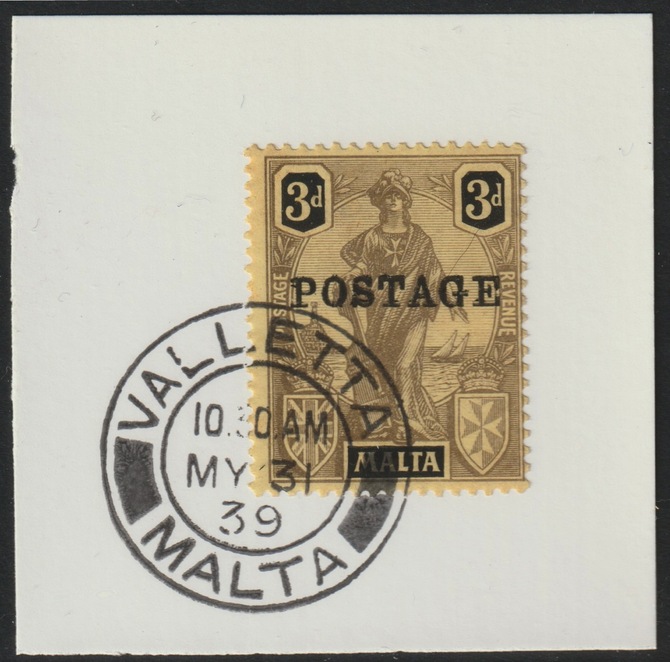 Malta 1926 POSTAGE overprint on 3d on piece with full strike of Madame Joseph forged postmark type 248, stamps on , stamps on  stamps on , stamps on  stamps on forgery, stamps on  stamps on forgeries, stamps on  stamps on  kg5 , stamps on  stamps on 