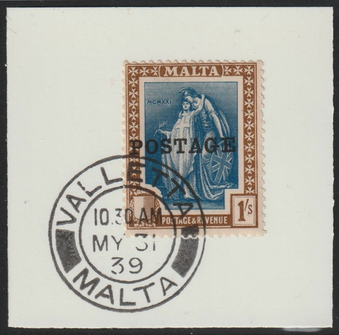 Malta 1926 POSTAGE overprint on 1s on piece with full strike of Madame Joseph forged postmark type 248, stamps on , stamps on  stamps on , stamps on  stamps on forgery, stamps on  stamps on forgeries, stamps on  stamps on  kg5 , stamps on  stamps on 