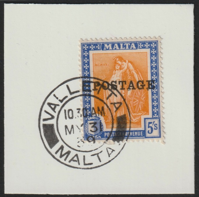 Malta 1926 POSTAGE overprint on 5s on piece with full strike of Madame Joseph forged postmark type 248, stamps on , stamps on  stamps on , stamps on  stamps on forgery, stamps on  stamps on forgeries, stamps on  stamps on  kg5 , stamps on  stamps on 
