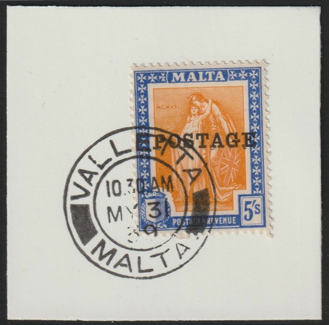 Malta 1926 POSTAGE overprint on 5s on piece with full strike of Madame Joseph forged postmark type 248, stamps on , stamps on forgery, stamps on forgeries, stamps on  kg5 , stamps on 
