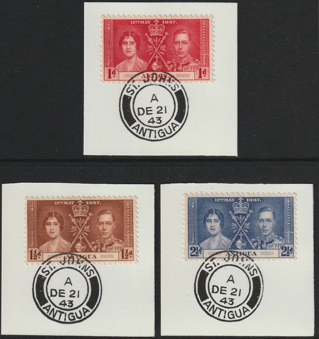 Antigua 1937 KG6 Coronation set of 3 each on individual piece cancelled with full strike of Madame Joseph forged postmark type 18, stamps on coronation, stamps on  kg6 , stamps on forgeries