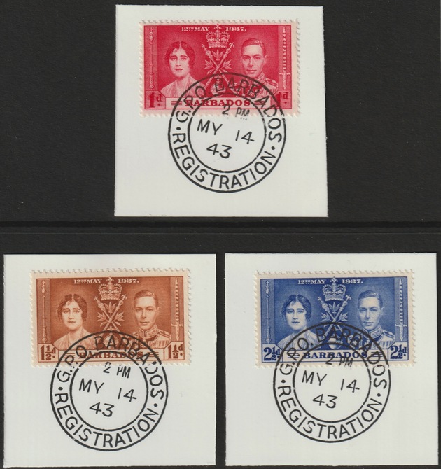 Barbados 1937 KG6 Coronation set of 3 each on individual piece cancelled with full strike of Madame Joseph forged postmark type 47, stamps on coronation, stamps on  kg6 , stamps on forgeries