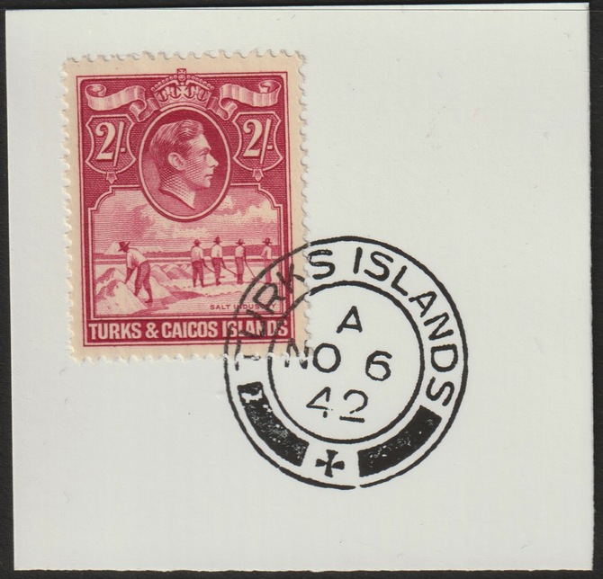 Turks & Caicos Islands 1938 KG6 Raking Salt 2s6d rose-carmine,SG 203a on piece with full strike of Madame Joseph forged postmark type 427, stamps on salt, stamps on herbs, stamps on spices, stamps on food, stamps on , stamps on  kg6 , stamps on , stamps on minerals