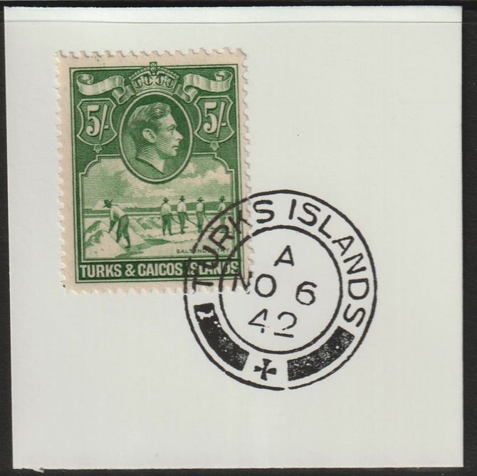 Turks & Caicos Islands 1938 KG6 Raking Salt 5s green,SG 204 on piece with full strike of Madame Joseph forged postmark type 427, stamps on , stamps on  stamps on salt, stamps on  stamps on herbs, stamps on  stamps on spices, stamps on  stamps on food, stamps on  stamps on , stamps on  stamps on  kg6 , stamps on  stamps on , stamps on  stamps on minerals