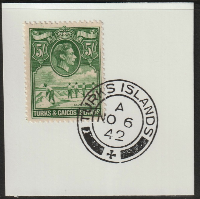 Turks & Caicos Islands 1938 KG6 Raking Salt 5s green,SG 204 on piece with full strike of Madame Joseph forged postmark type 427, stamps on salt, stamps on herbs, stamps on spices, stamps on food, stamps on , stamps on  kg6 , stamps on , stamps on minerals