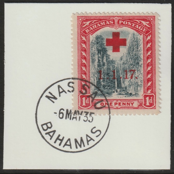 Bahamas 1917 Red Cross opt on 1d on piece cancelled with full strike of Madame Joseph forged postmark type 35, stamps on , stamps on  stamps on , stamps on  stamps on  kg5 , stamps on  stamps on forgery, stamps on  stamps on madame joseph, stamps on  stamps on red cross, stamps on  stamps on 