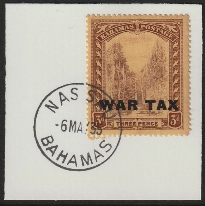 Bahamas 1918 WAR TAX opt on 3d on piece cancelled with full strike of Madame Joseph forged postmark type 35, stamps on , stamps on  kg5 , stamps on forgery, stamps on madame joseph, stamps on  ww1 , stamps on 