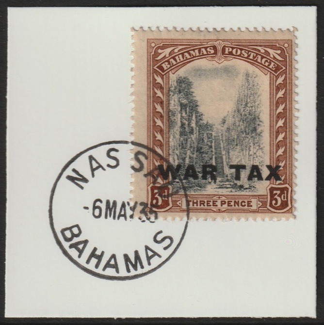 Bahamas 1919 WAR TAX opt on 3d on piece cancelled with full strike of Madame Joseph forged postmark type 35, stamps on , stamps on  stamps on , stamps on  stamps on  kg5 , stamps on  stamps on forgery, stamps on  stamps on madame joseph, stamps on  stamps on  ww1 , stamps on  stamps on 