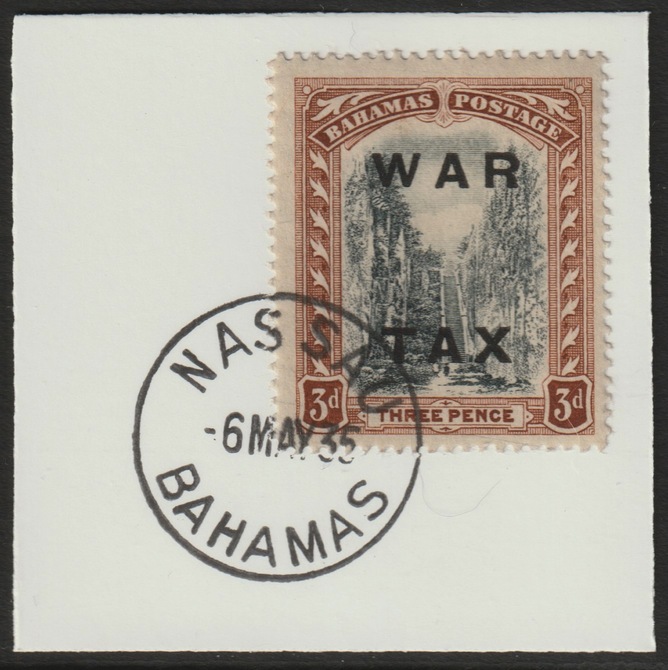 Bahamas 1919 WAR TAX opt on 3d on piece cancelled with full strike of Madame Joseph forged postmark type 35, stamps on , stamps on  kg5 , stamps on forgery, stamps on madame joseph, stamps on  ww1 , stamps on 